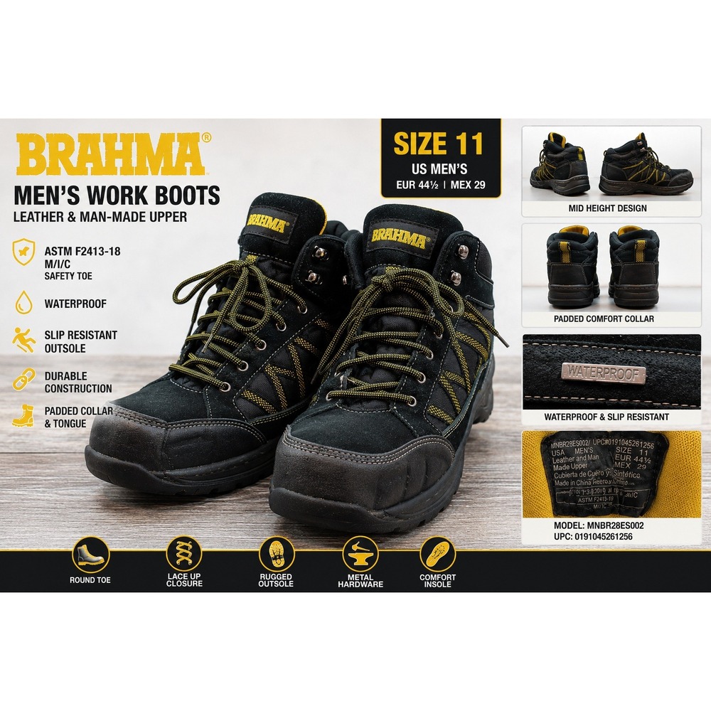 Brahma Mens Waterproof Safety Toe Work Boots Black MNBR28ES002 Size 11